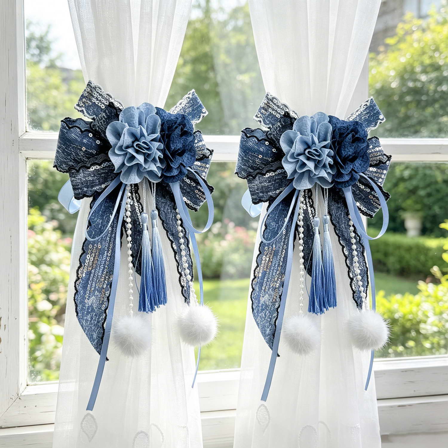 Home Textiles Luxury Curtains - One Pair American Luxury Blue Bandages