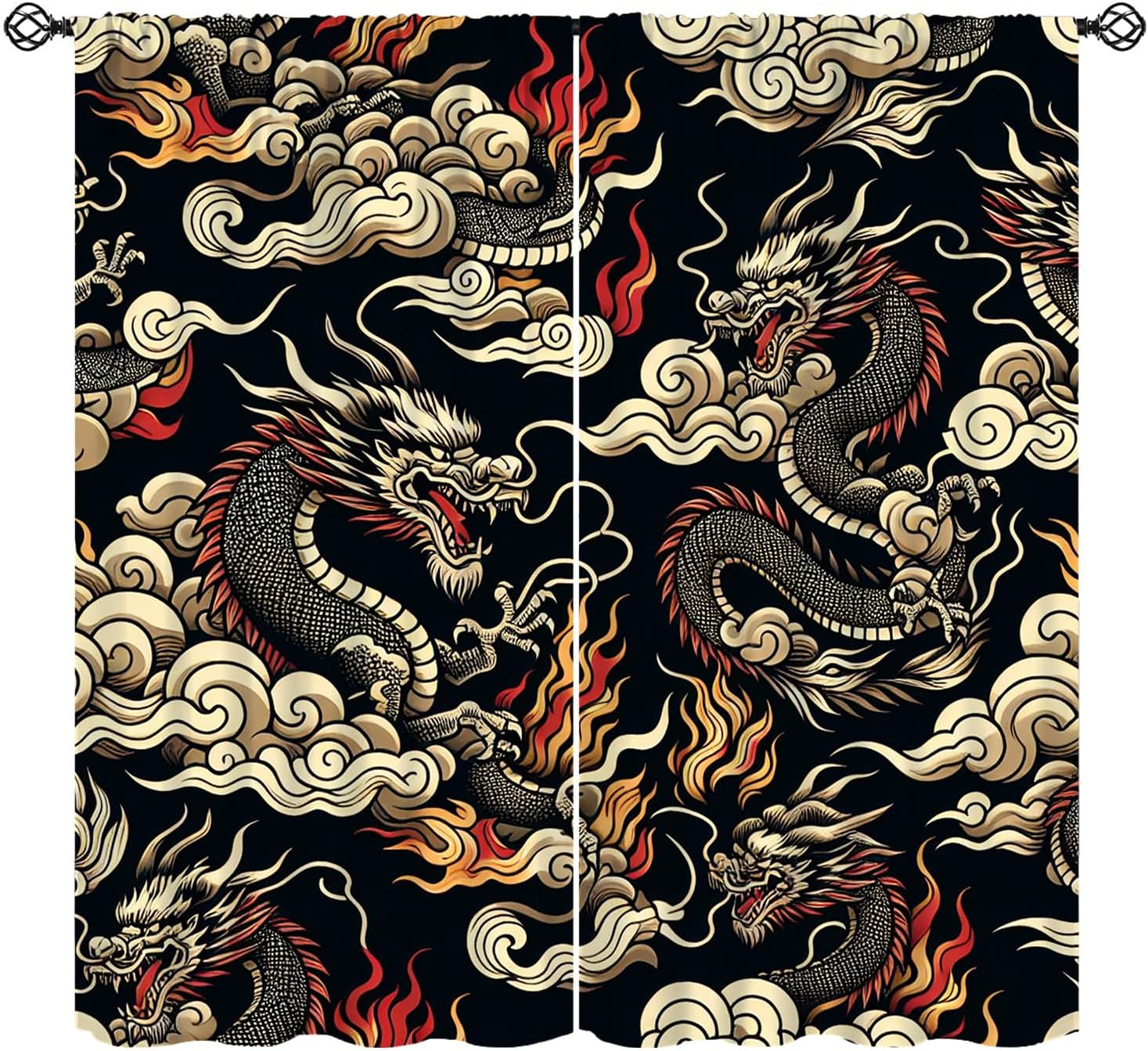 Home Textiles Luxury Curtains - Luxurious Asian Dragon Curtain Black Background