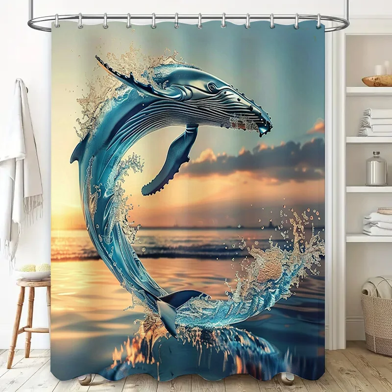 Blue Whale Print Shower Curtai - Home Textiles Luxury Curtains ulasan dan harga