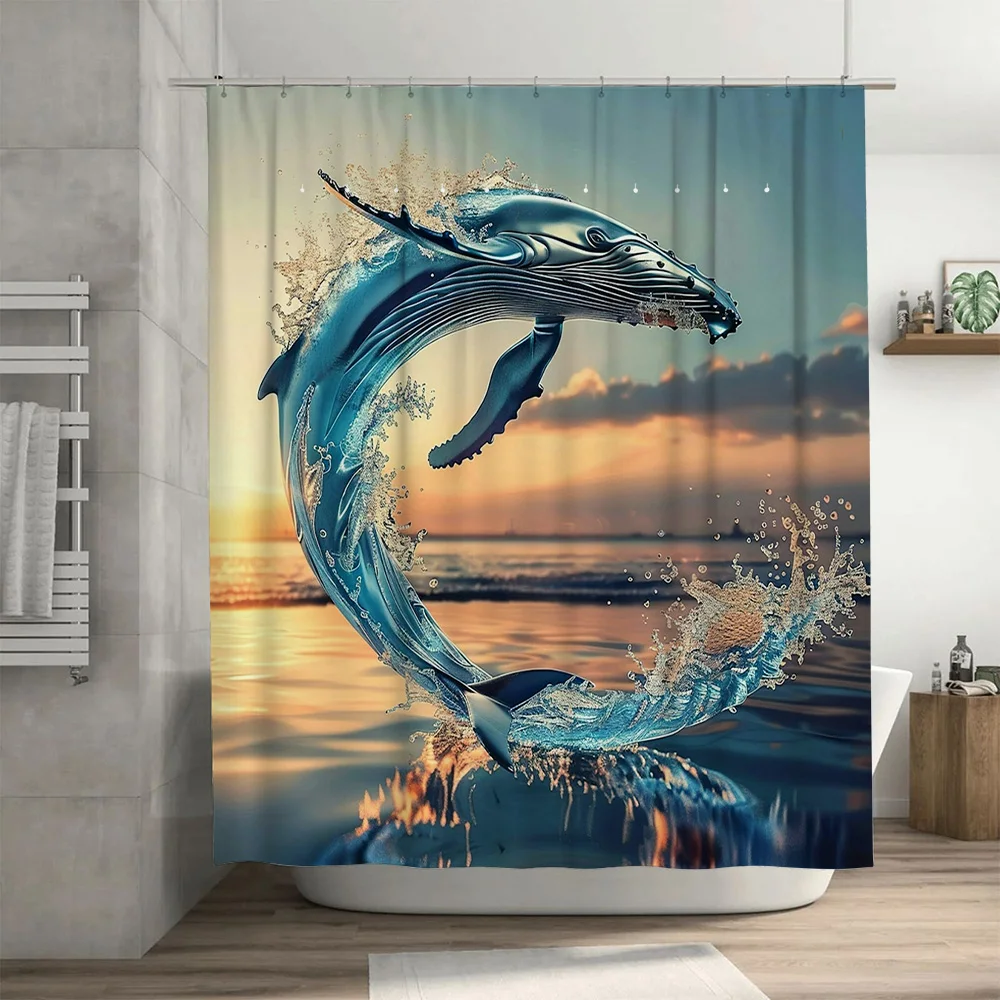 Blue Whale Print Shower Curtai - Home Textiles Luxury Curtains ulasan dan harga