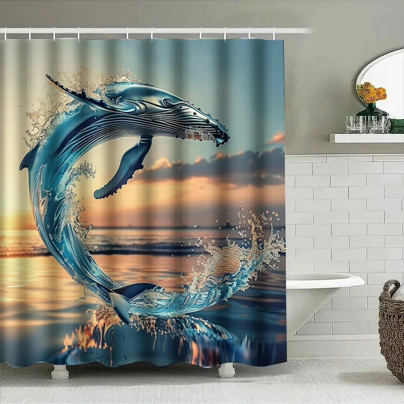 Blue Whale Print Shower Curtai - Home Textiles Luxury Curtains ulasan dan harga